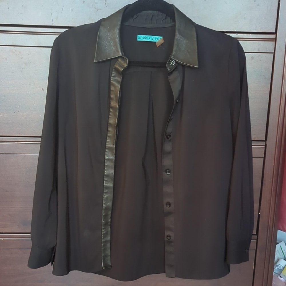 Alice + Olivia Black Button-Up Blouse with Leather Collar XS